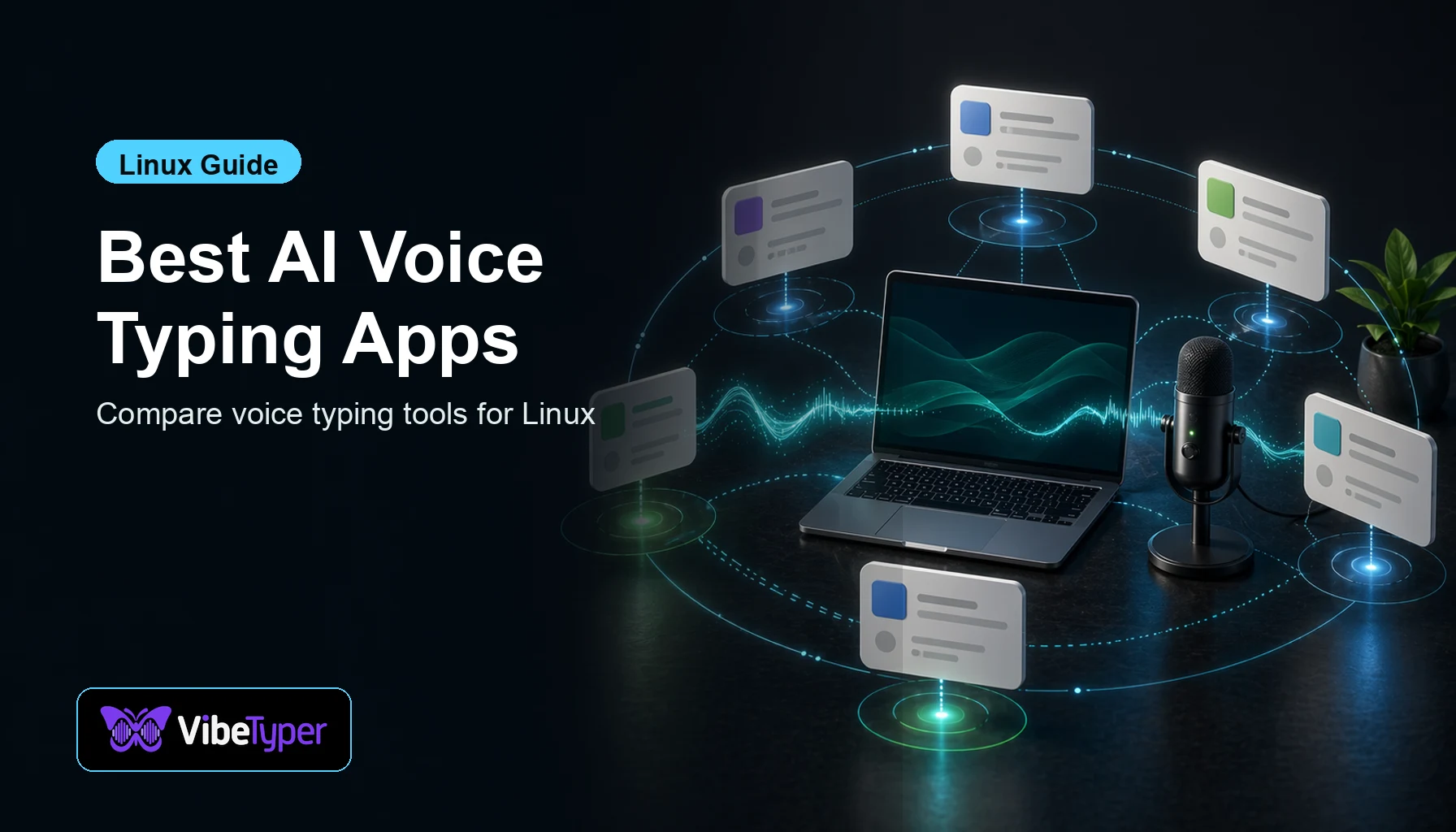 Best AI Voice Typing Apps for Linux blog hero with comparison cards