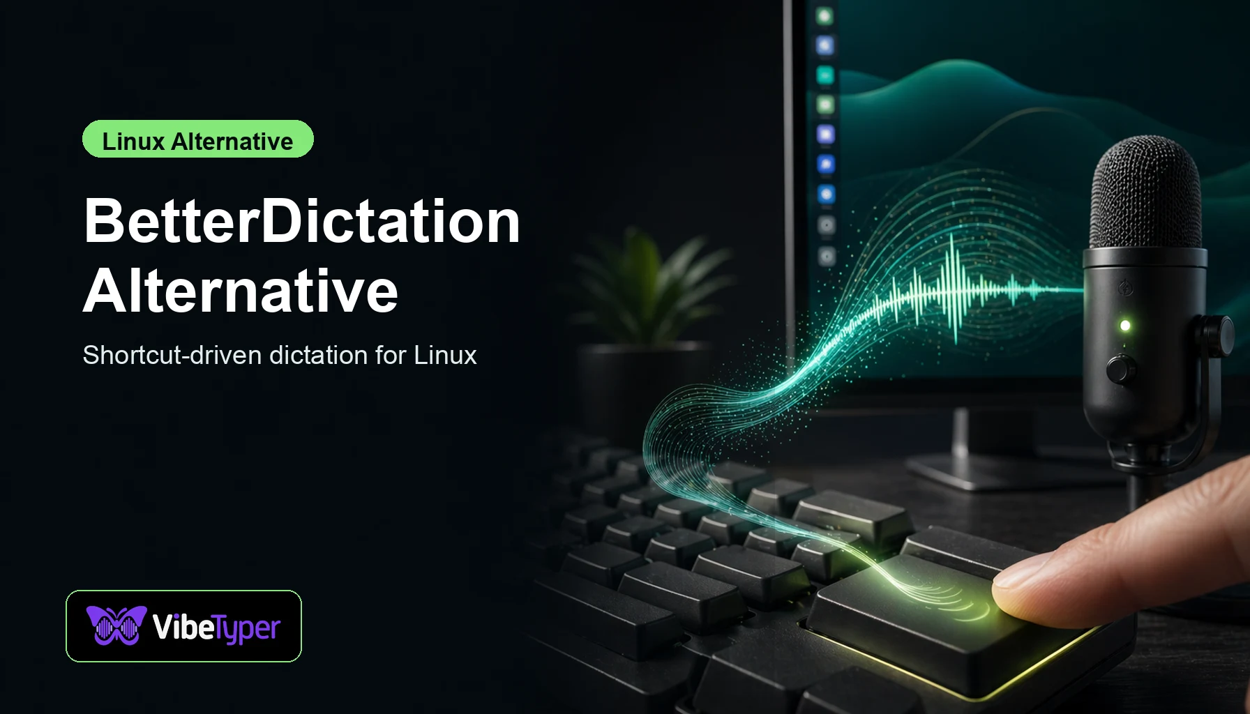 BetterDictation Alternative for Linux blog hero with shortcut key and voice wave