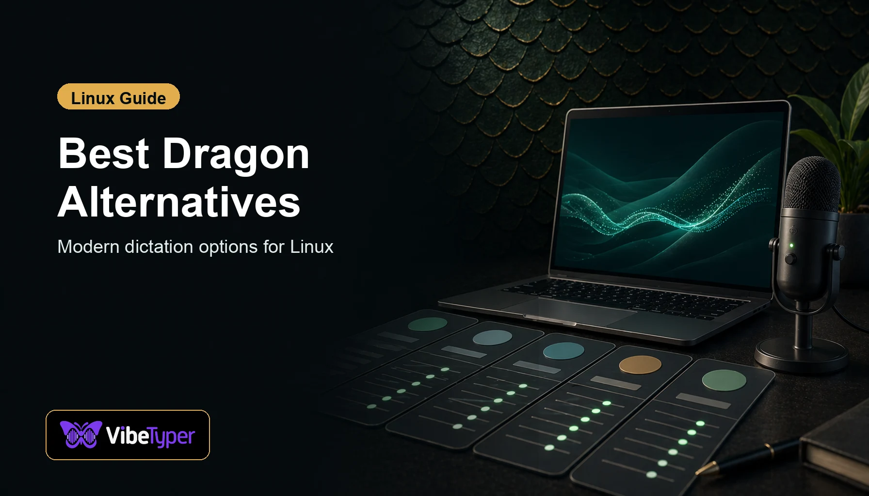Best Dragon Alternatives for Linux blog hero with comparison cards and dictation visual