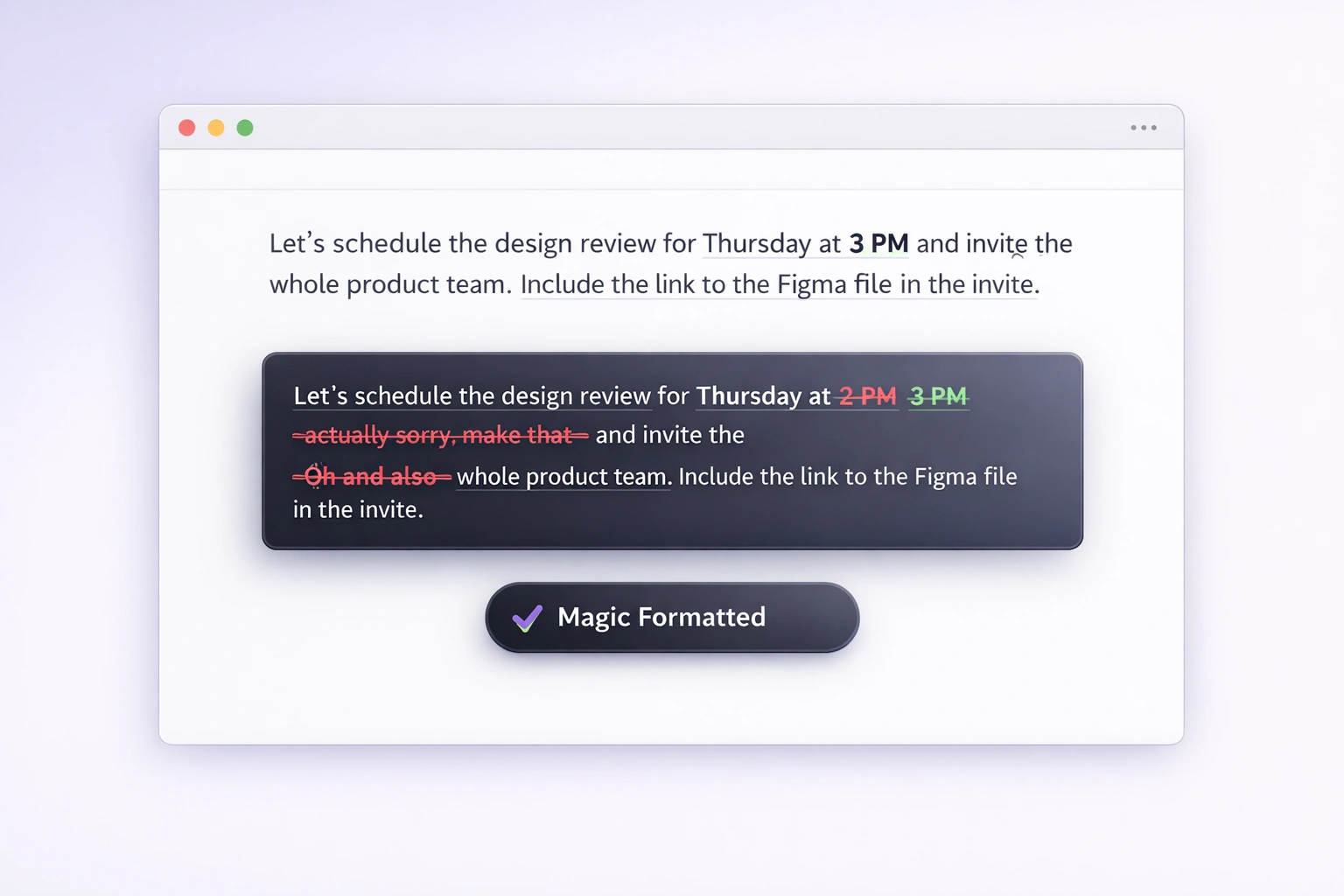 A product-led Vibe Typer interface showing a raw transcript transformed into a cleaner version with a word-level diff view
