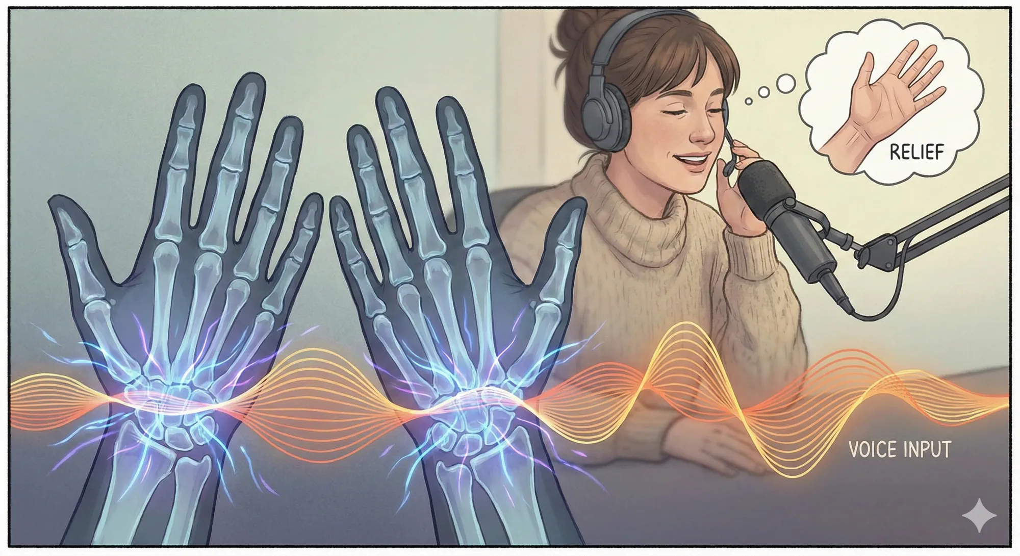 An illustration showing hands resting and voice waves rising from a microphone, symbolising relief from strain