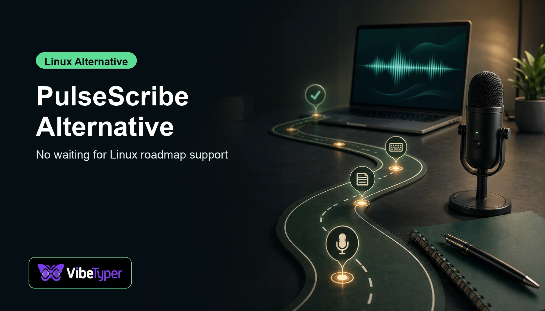 PulseScribe Alternative for Linux blog hero with roadmap and voice typing visual
