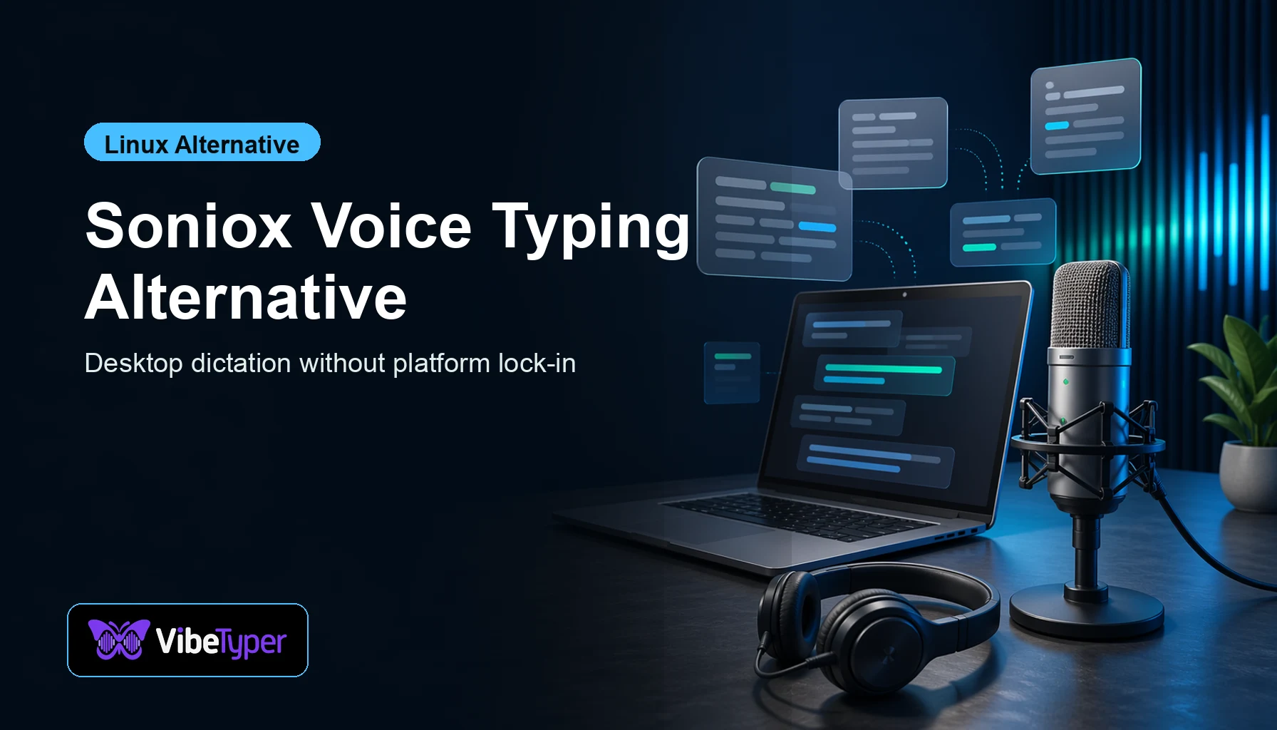 Soniox Voice Typing Alternative for Linux blog hero with transcript cards and microphone