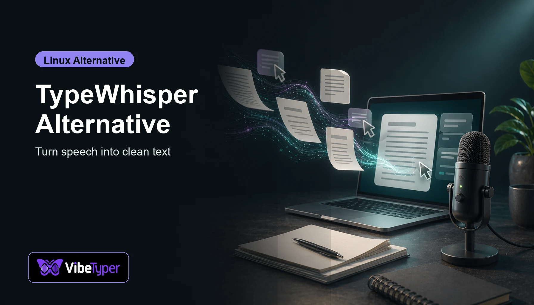 TypeWhisper Alternative for Linux blog hero with speech-to-text document visual