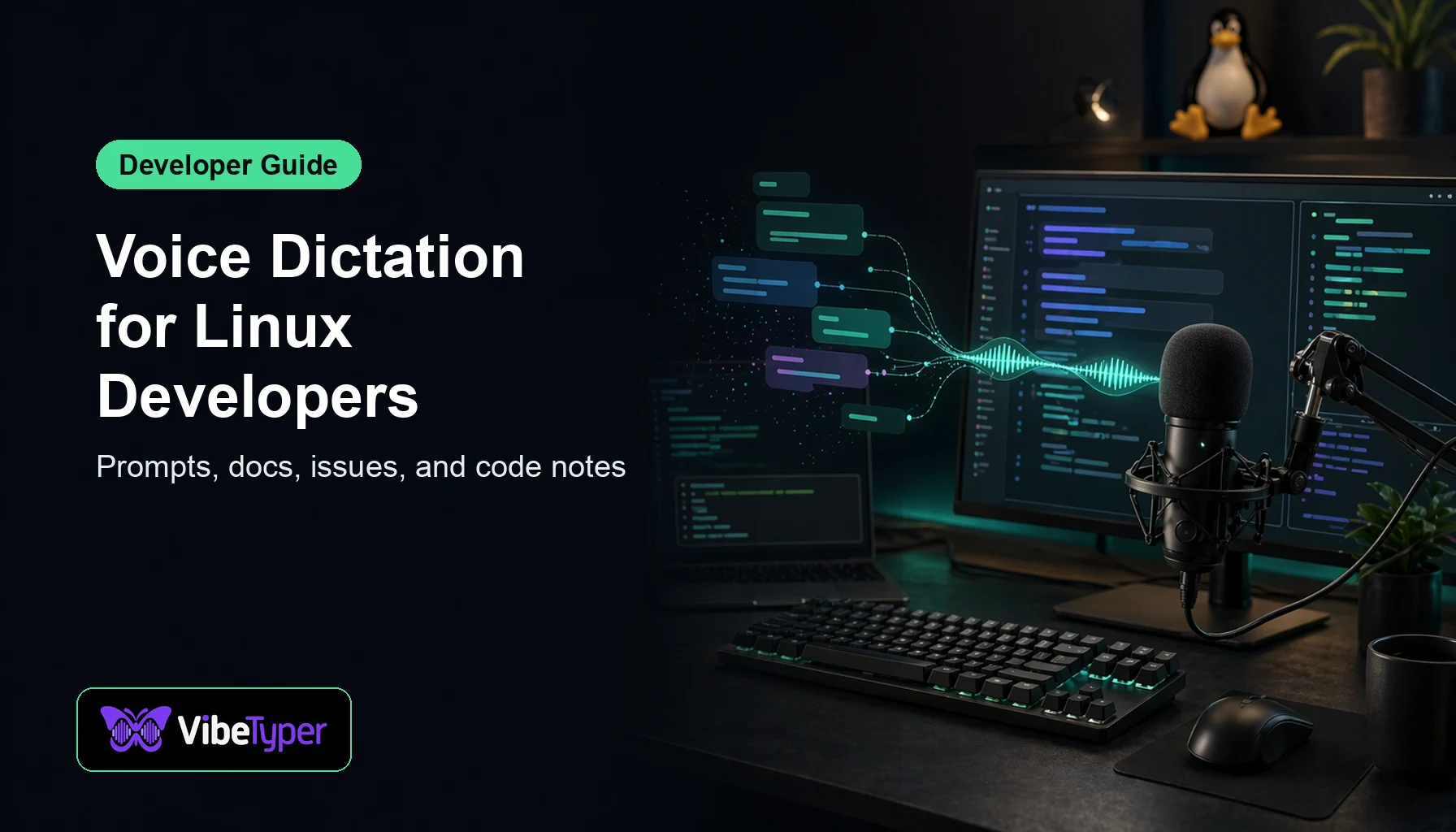 Voice Dictation for Linux Developers blog hero with code panels and microphone