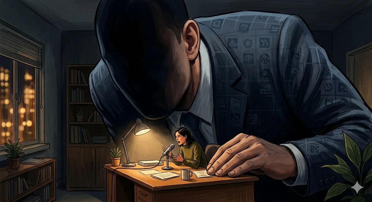 A giant faceless corporate figure in a dark suit looming over a small person at their desk, ear pressed close, listening