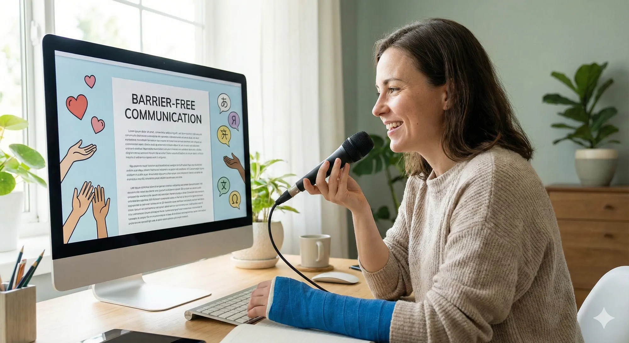 Illustration of a person using voice typing technology with inclusive elements