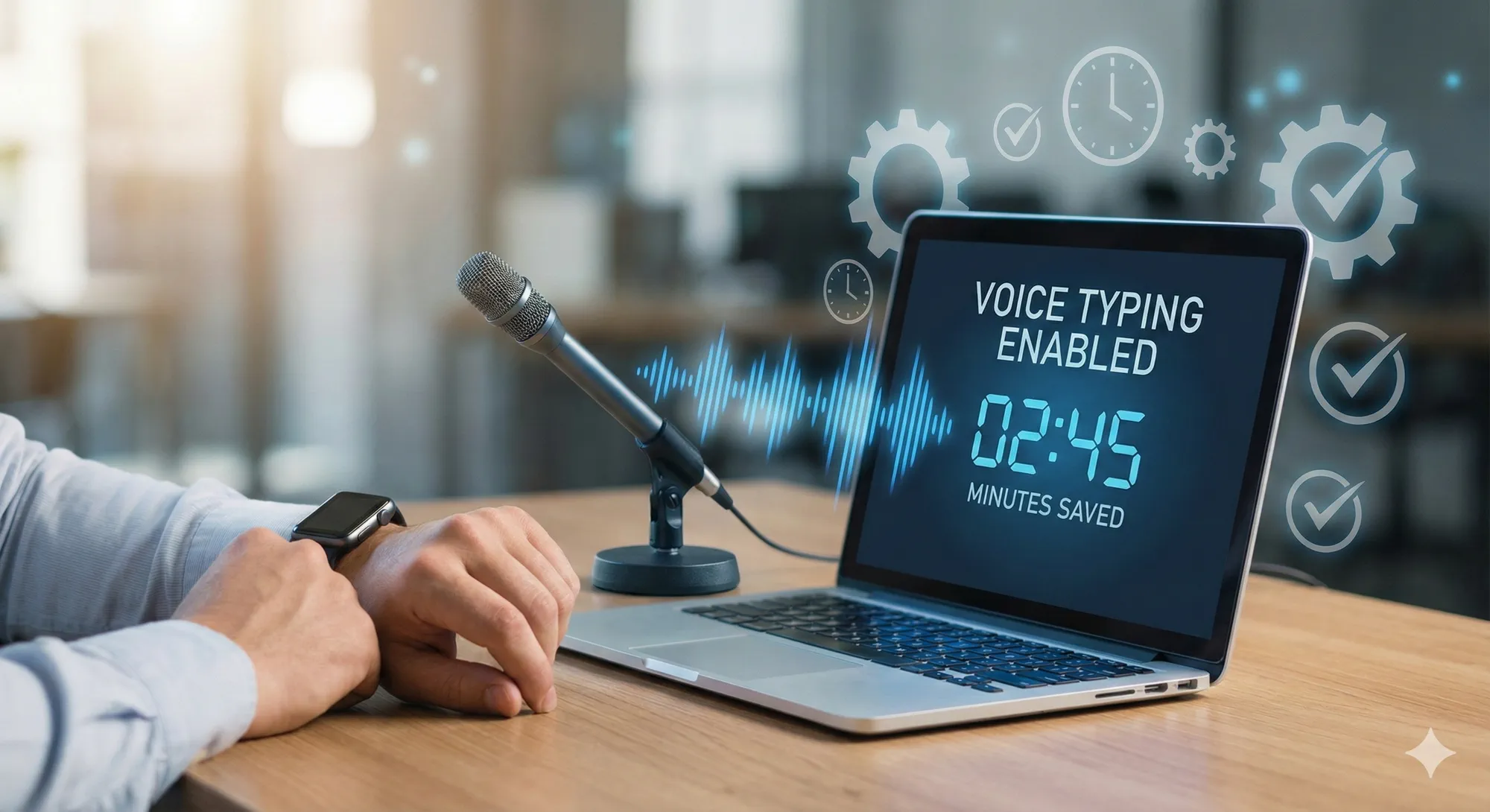 A minimalist workspace featuring a microphone and laptop, symbolizing productivity through voice dictation