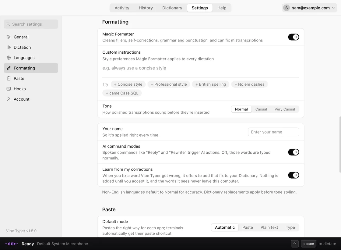 The Vibe Typer Formatting settings screen, showing the Magic Formatter switch, a tone control set to Normal, AI command modes, and a dictionary of spoken phrases mapped to the text they become, such as “super base” to “Supabase”.